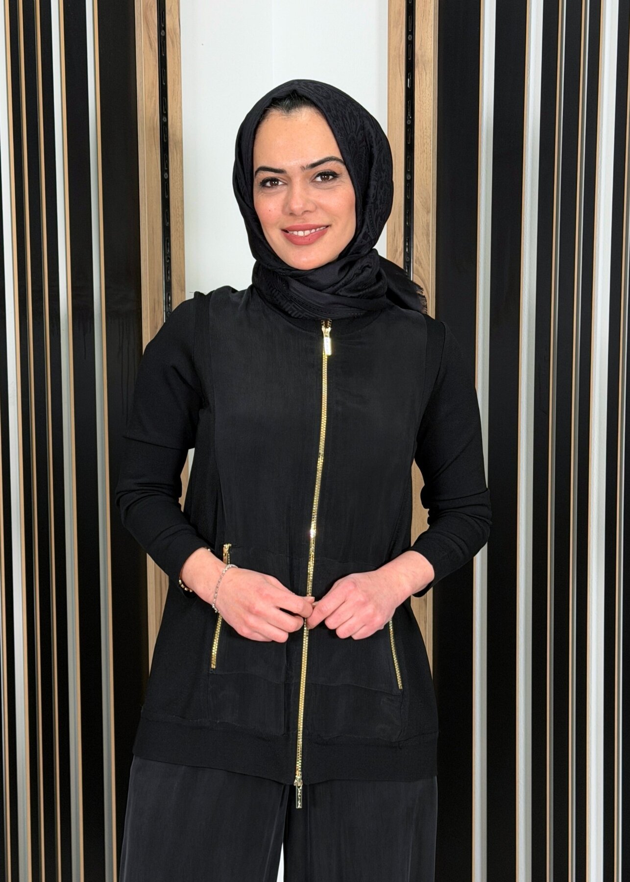 Miss Dalida Fermuarlı Cupro Detaylı Triko Ceket BLACK - 2