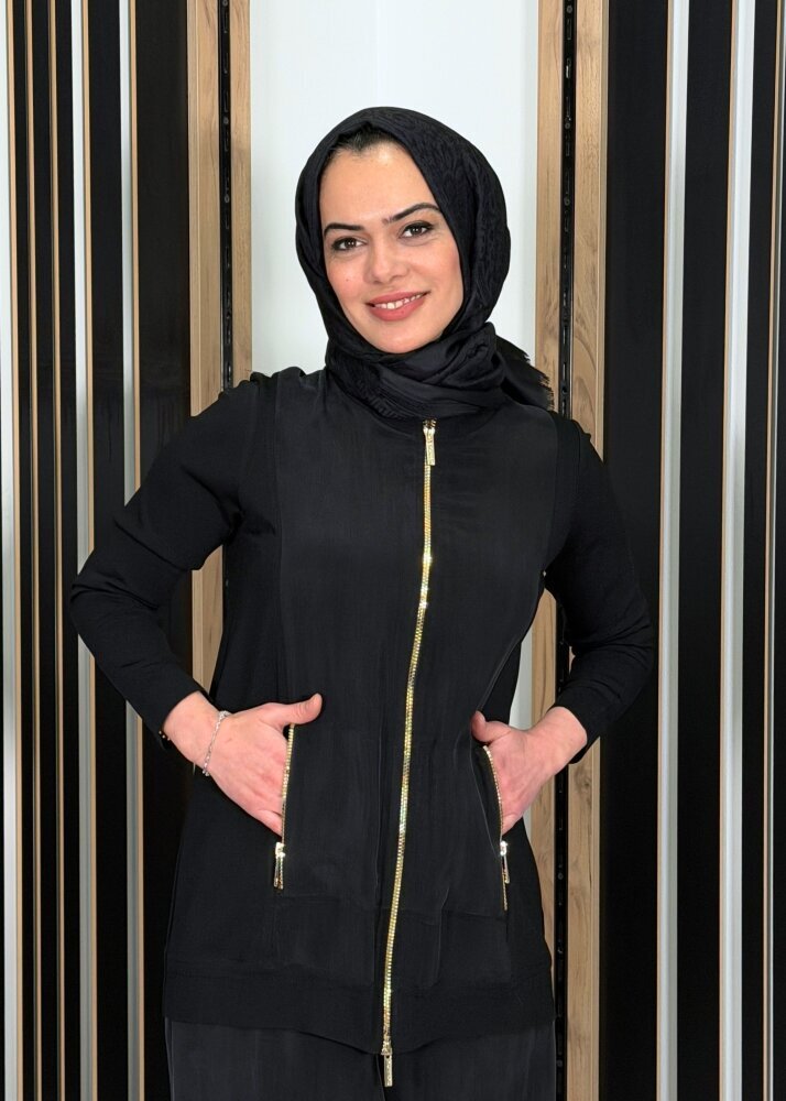 Miss Dalida Fermuarlı Cupro Detaylı Triko Ceket BLACK - 3