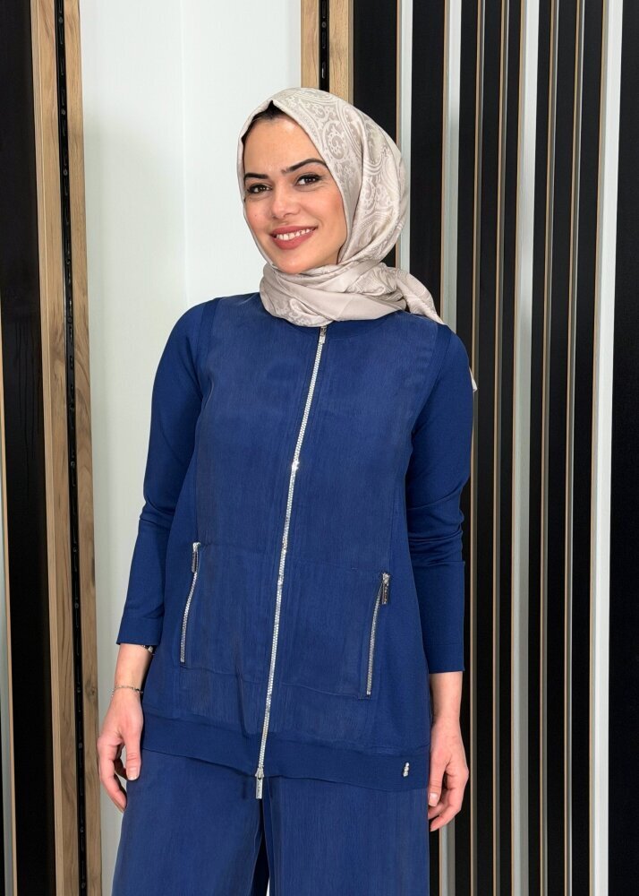 Miss Dalida Fermuarlı Cupro Detaylı Triko Ceket Navy