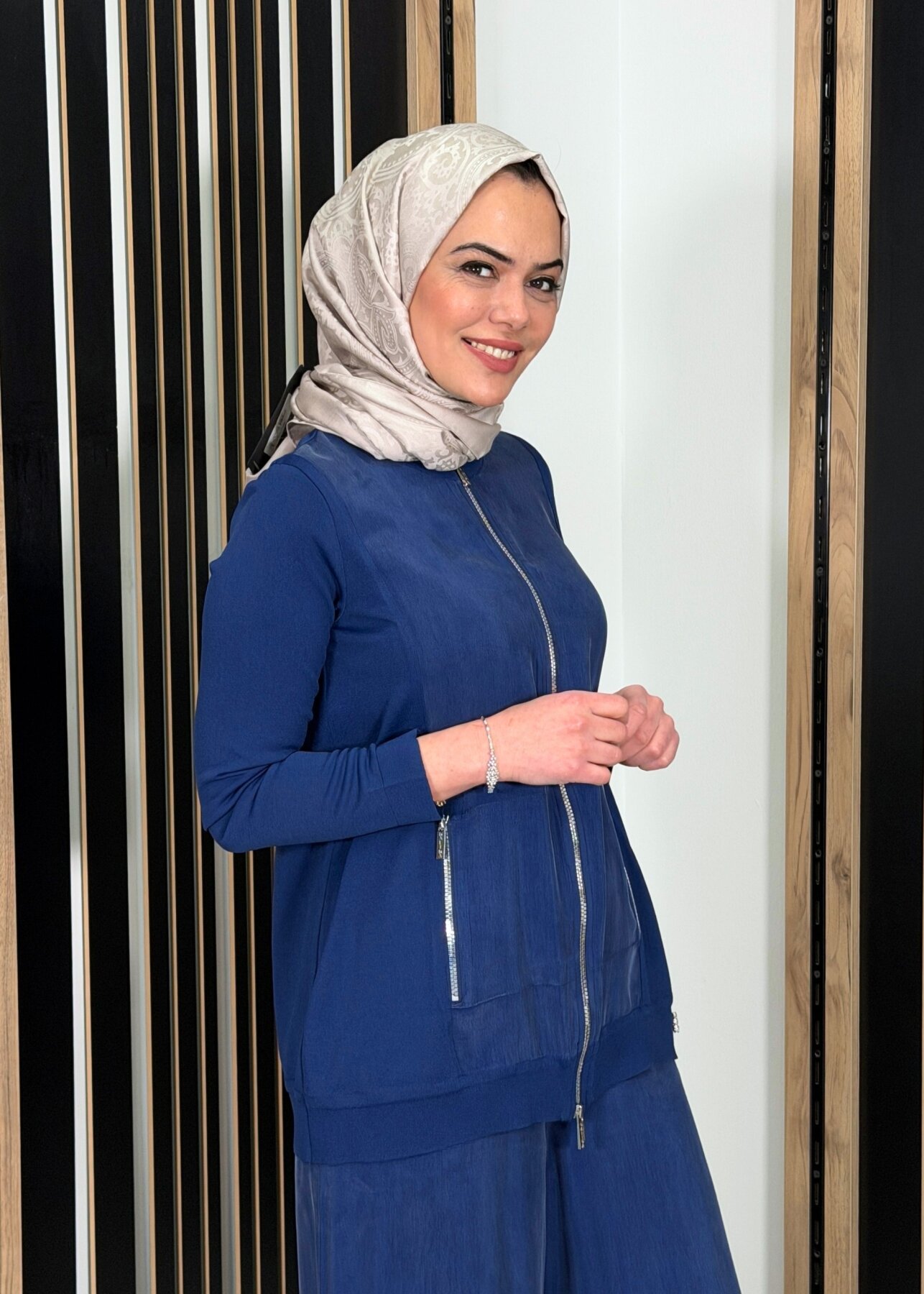 Miss Dalida Fermuarlı Cupro Detaylı Triko Ceket Navy - 2