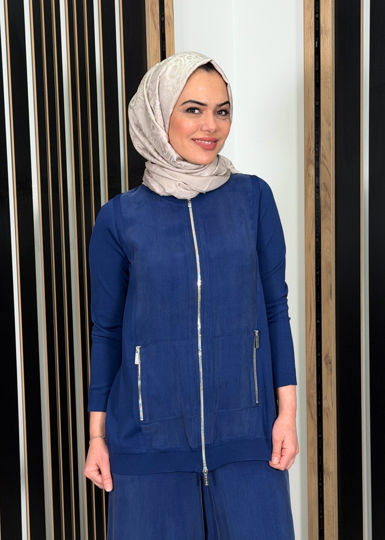 Miss Dalida Fermuarlı Cupro Detaylı Triko Ceket Navy - 3