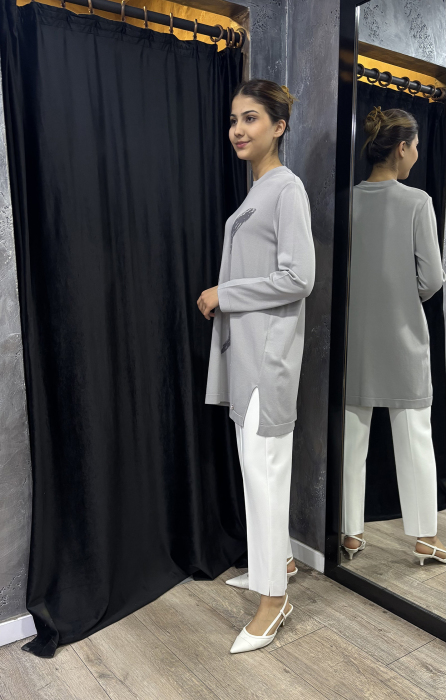 Miss Dalida Fırça Desenli Triko Tunik GREY - 3