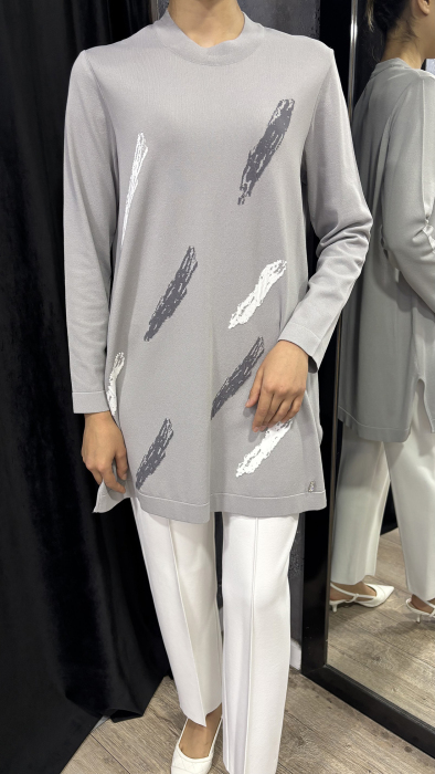 Miss Dalida Fırça Desenli Triko Tunik GREY - 4