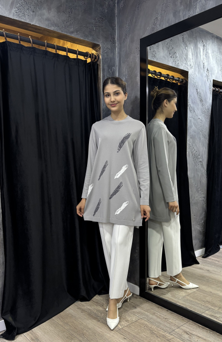 Miss Dalida Fırça Desenli Triko Tunik GREY - 1
