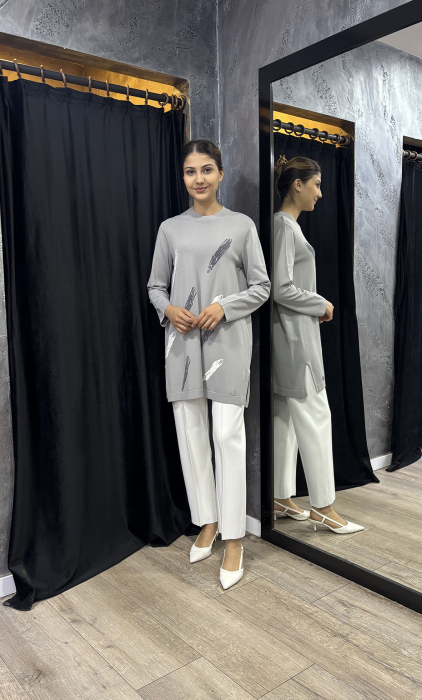 Miss Dalida Fırça Desenli Triko Tunik GREY - 2