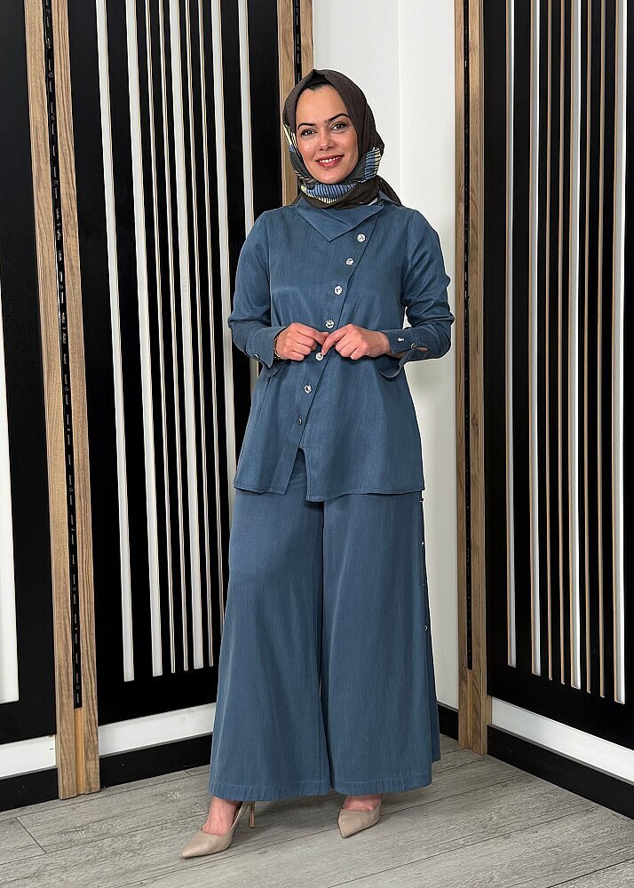 Miss Dalida Geniş Paça İpek Keten Pantolon BLUE - 2