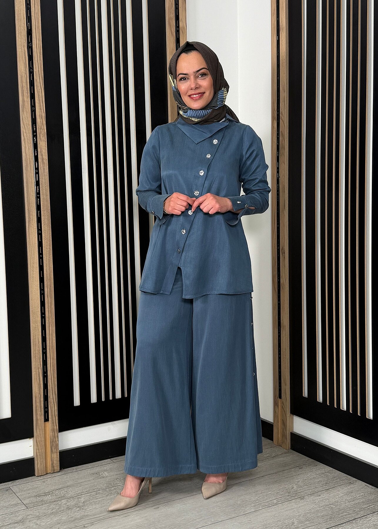 Miss Dalida Geniş Paça İpek Keten Pantolon BLUE - 2