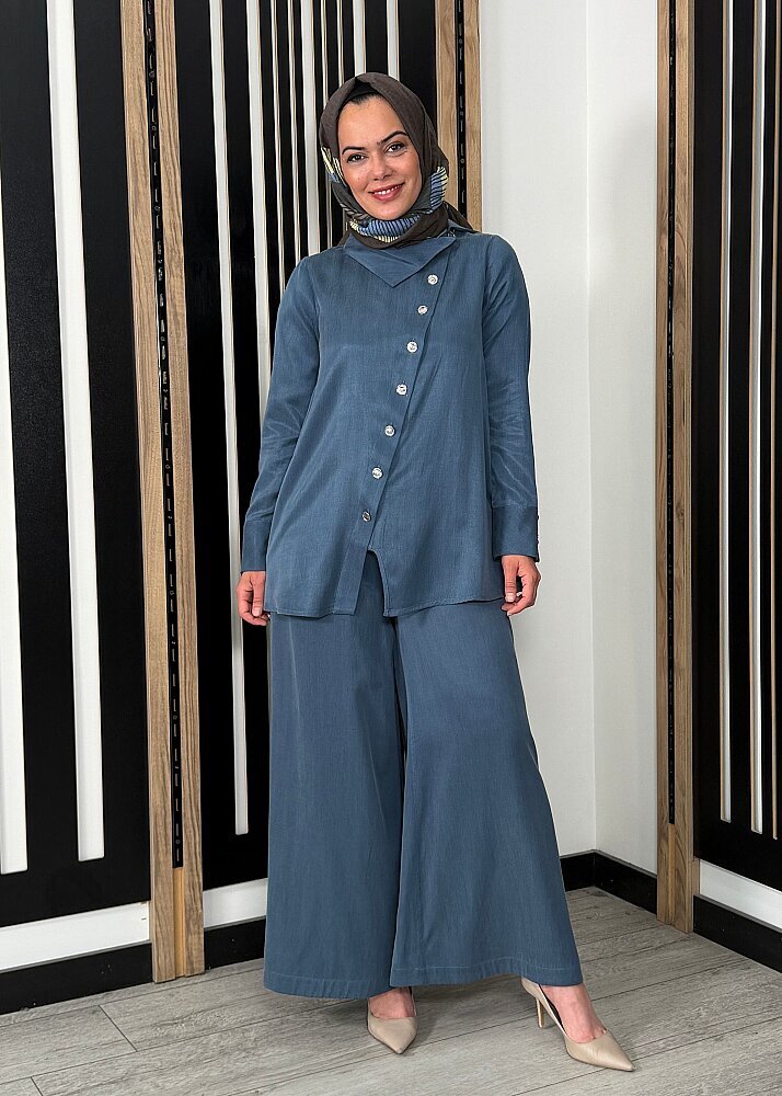 Miss Dalida Geniş Paça İpek Keten Pantolon BLUE - 3