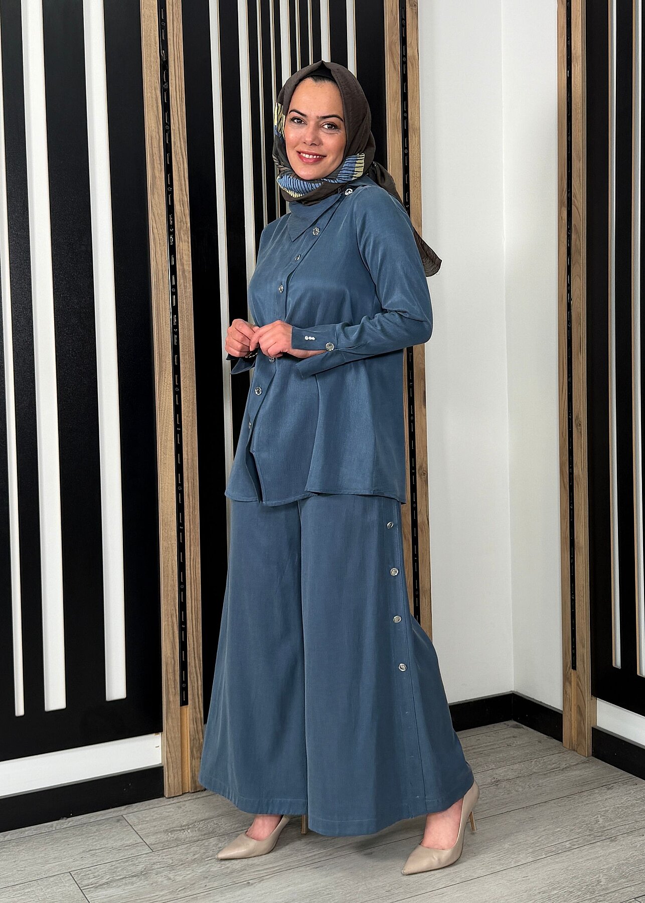 Miss Dalida Geniş Paça İpek Keten Pantolon BLUE - 1