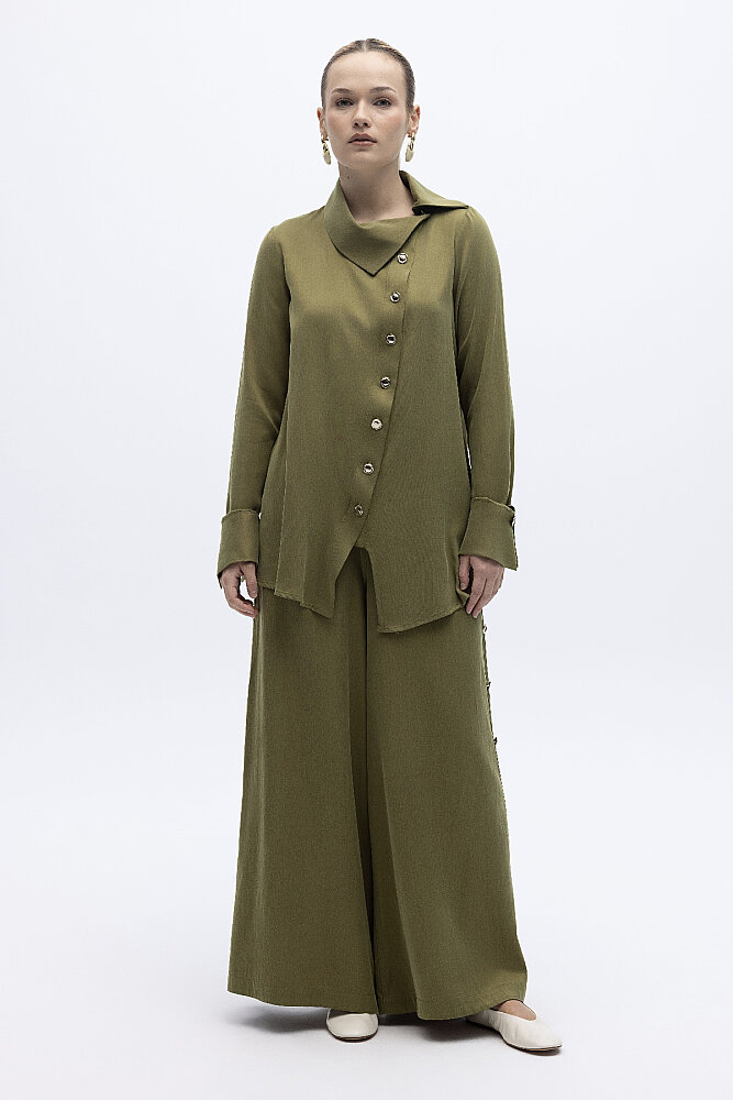 Miss Dalida Geniş Paça İpek Keten Pantolon olive - 5