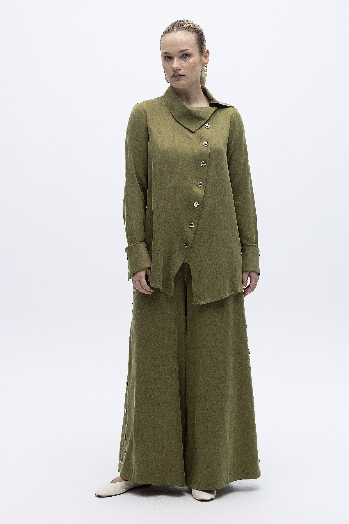 Miss Dalida Geniş Paça İpek Keten Pantolon olive - 7