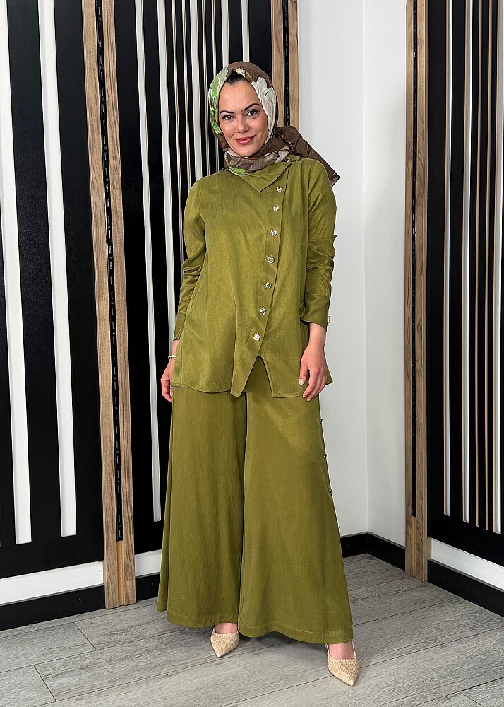 Miss Dalida Geniş Paça İpek Keten Pantolon olive