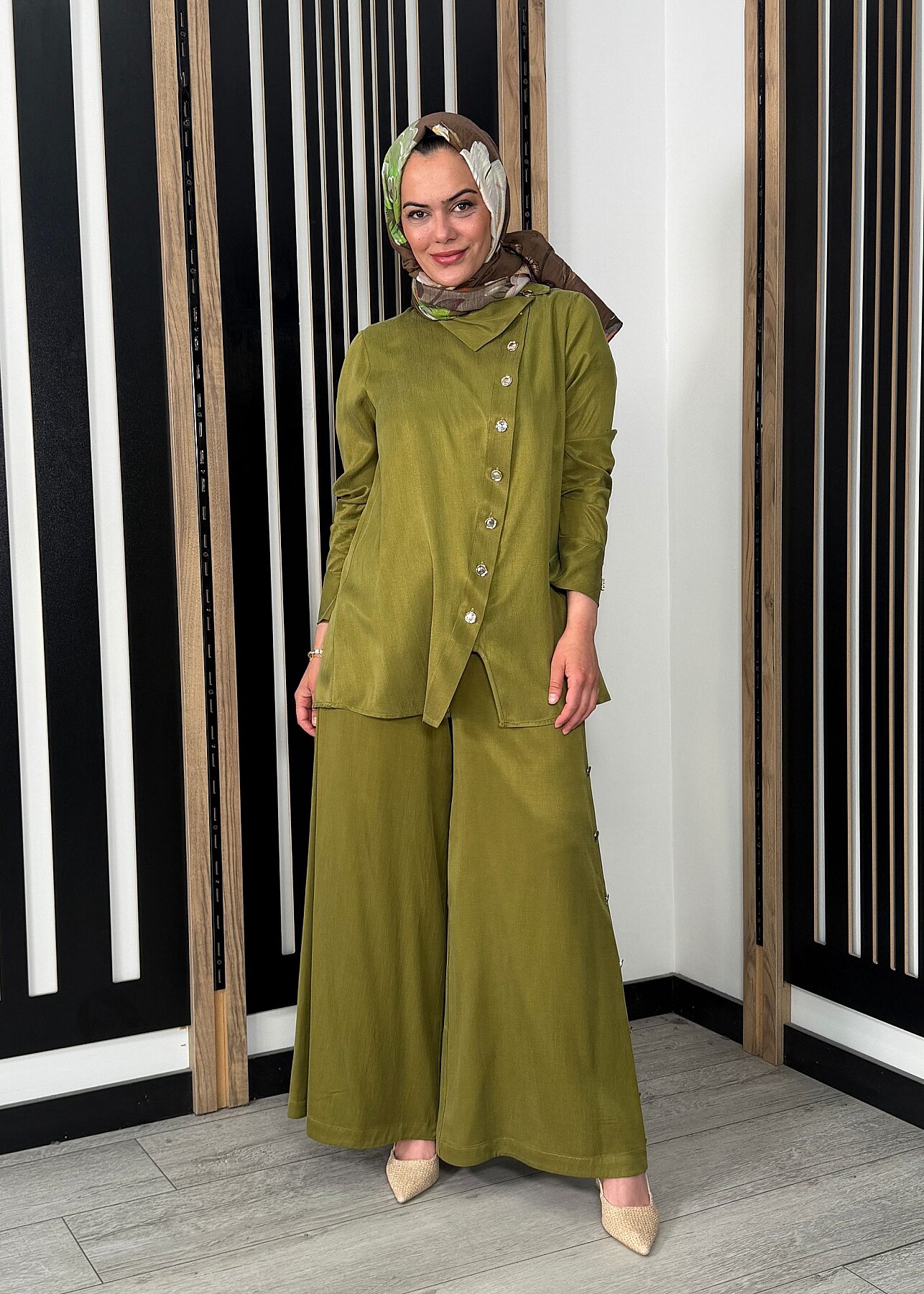 Miss Dalida Geniş Paça İpek Keten Pantolon olive - 1