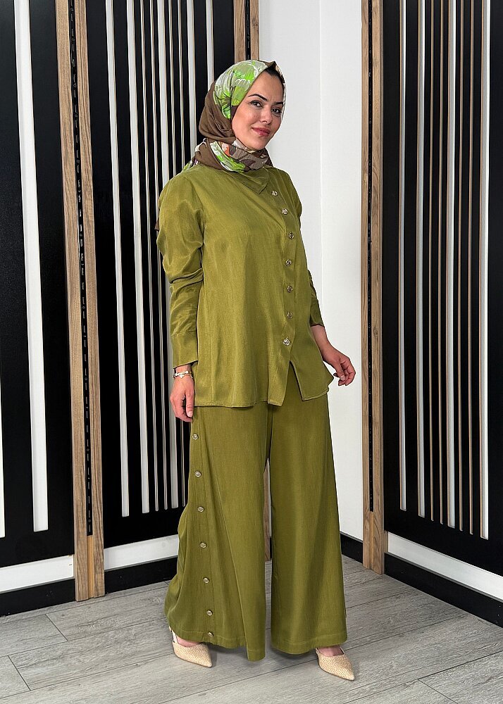 Miss Dalida Geniş Paça İpek Keten Pantolon olive - 3