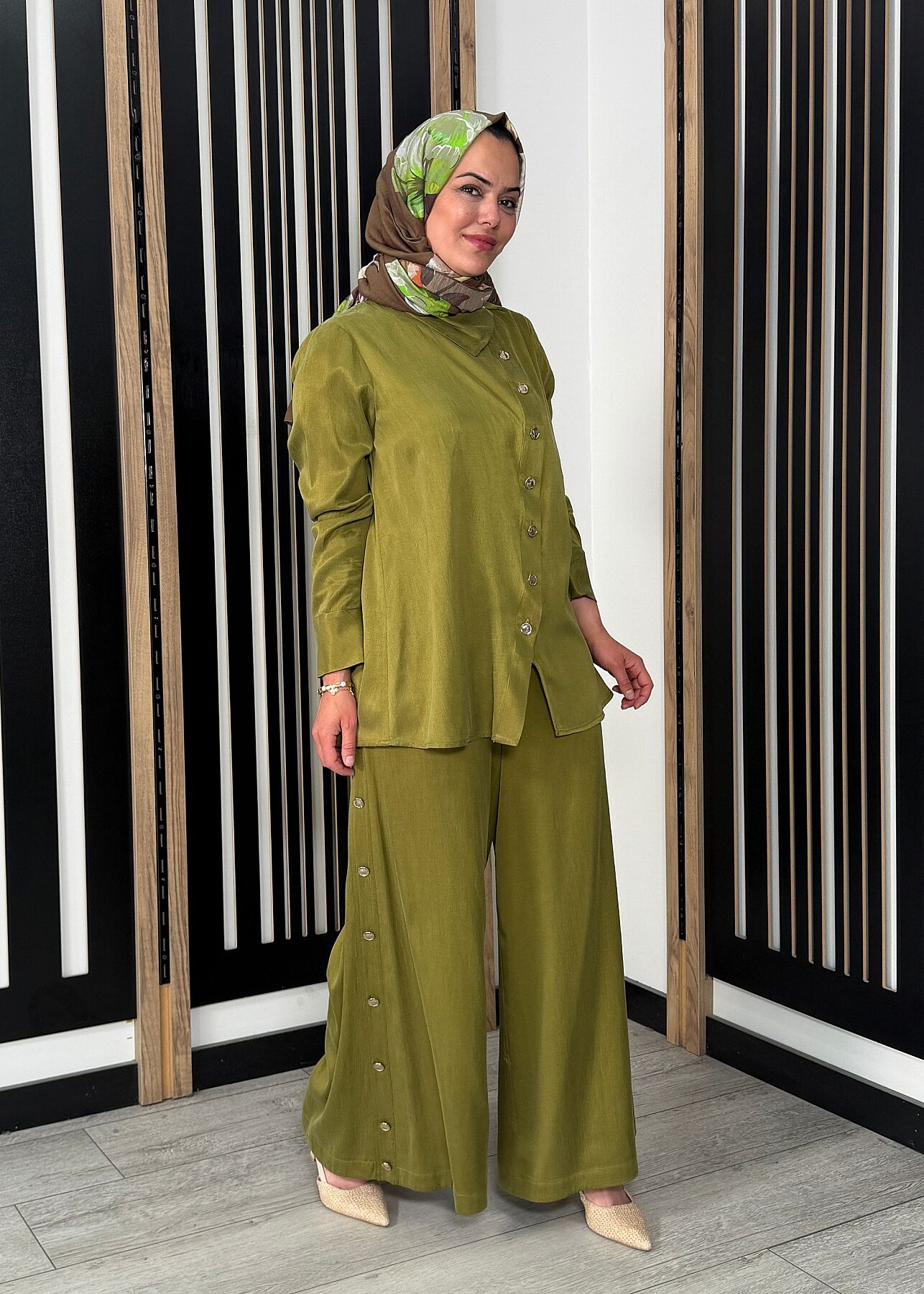 Miss Dalida Geniş Paça İpek Keten Pantolon olive - 3