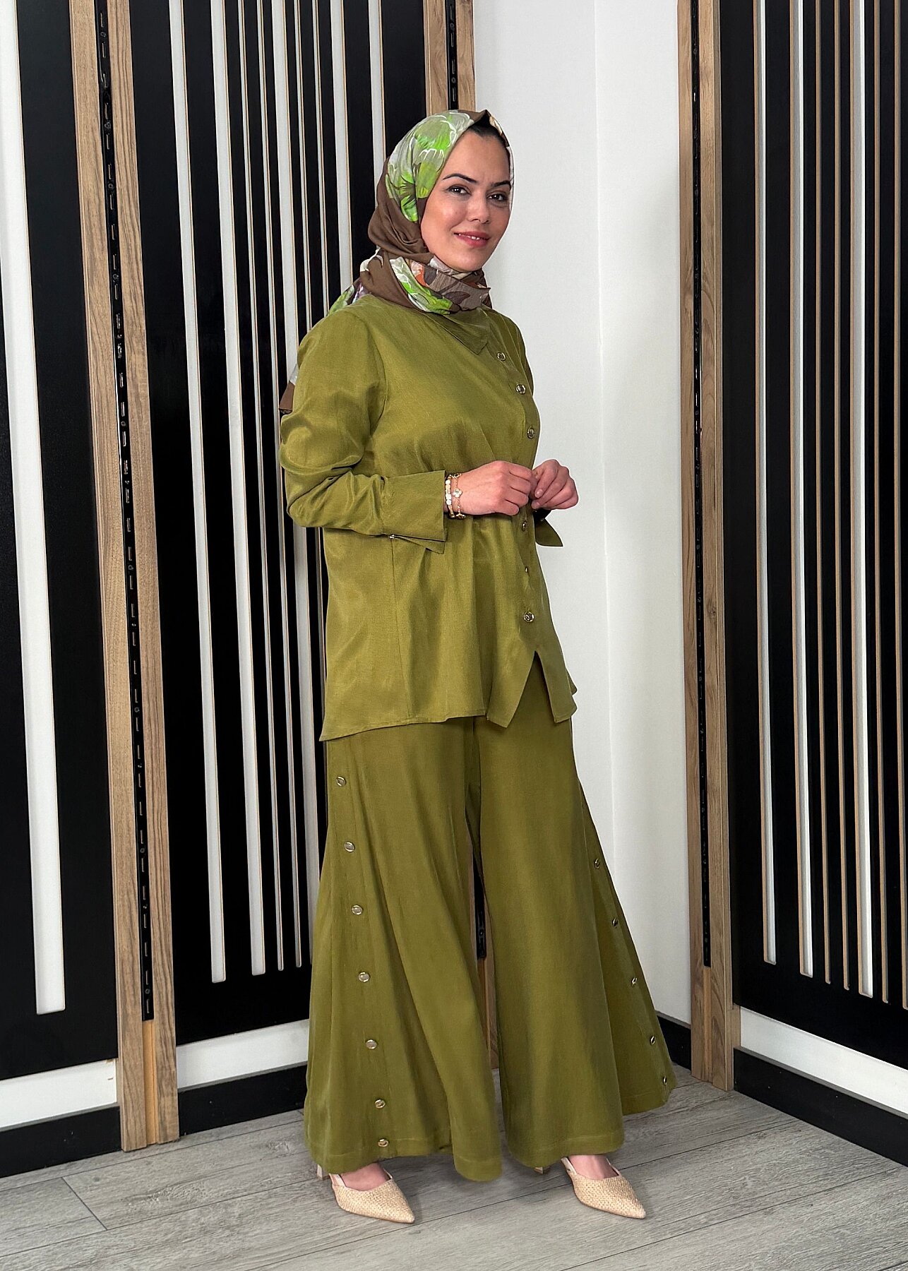Miss Dalida Geniş Paça İpek Keten Pantolon olive - 2