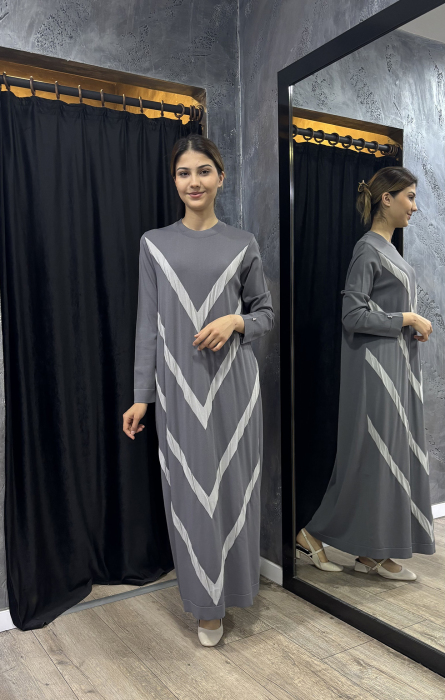 Miss Dalida Geometrik Desenli Triko Elbise ANTRASİT - 2