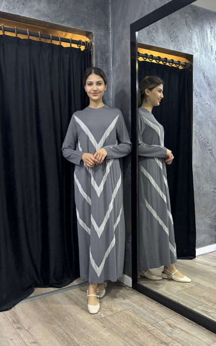 Miss Dalida Geometrik Desenli Triko Elbise ANTRASİT - 3