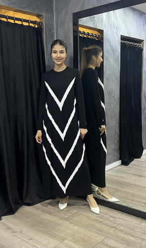 Miss Dalida Geometrik Desenli Triko Elbise SİYAH 
