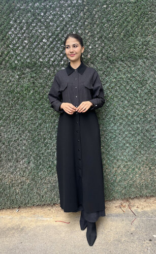 Miss Dalida Gömlek Yaka Denim Detaylı Uzun Ceket BLACK - 2