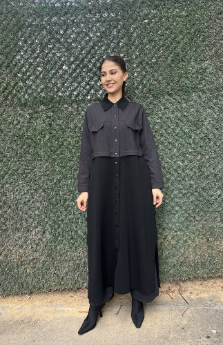 Miss Dalida Gömlek Yaka Denim Detaylı Uzun Ceket BLACK