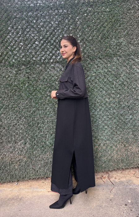 Miss Dalida Gömlek Yaka Denim Detaylı Uzun Ceket BLACK - 3