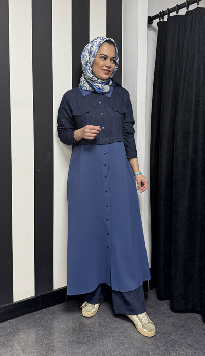 Miss Dalida Gömlek Yaka Denim Detaylı Uzun Ceket İNDİGO - 1