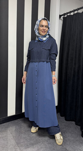 Miss Dalida Gömlek Yaka Denim Detaylı Uzun Ceket İNDİGO - 2
