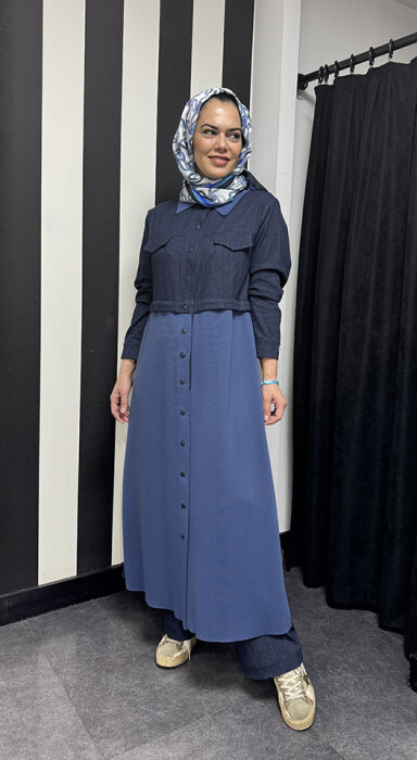 Miss Dalida Gömlek Yaka Denim Detaylı Uzun Ceket İNDİGO - 2