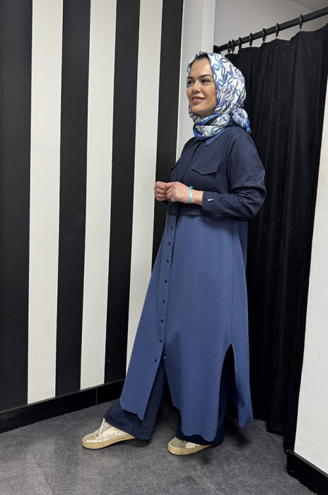 Miss Dalida Gömlek Yaka Denim Detaylı Uzun Ceket İNDİGO - 3