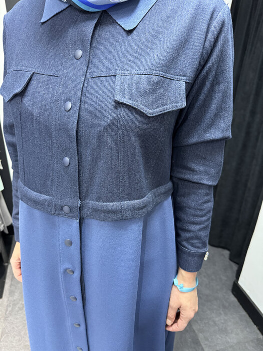 Miss Dalida Gömlek Yaka Denim Detaylı Uzun Ceket İNDİGO - 4