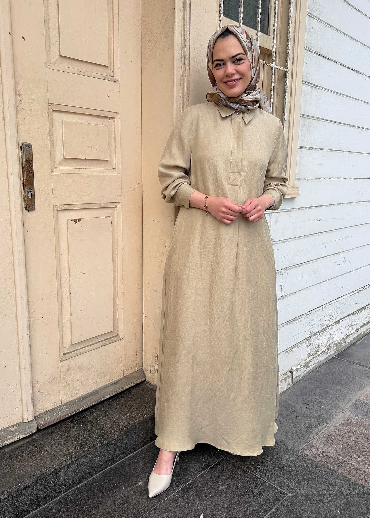 Miss Dalida Gömlek Yaka İpek Keten Uzun Elbise CAMEL - 2
