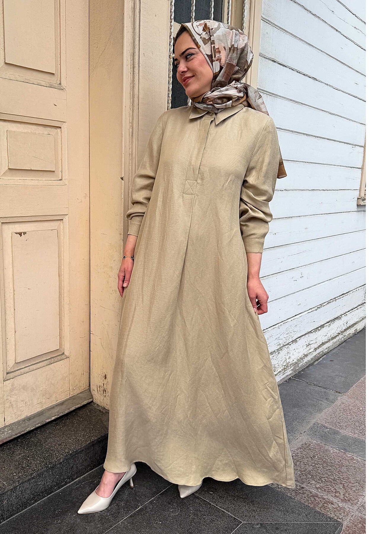 Miss Dalida Gömlek Yaka İpek Keten Uzun Elbise CAMEL - 3