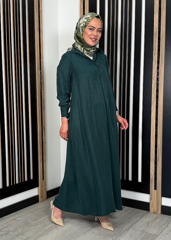 Miss Dalida Gömlek Yaka İpek Keten Uzun Elbise KHAKİ - 3