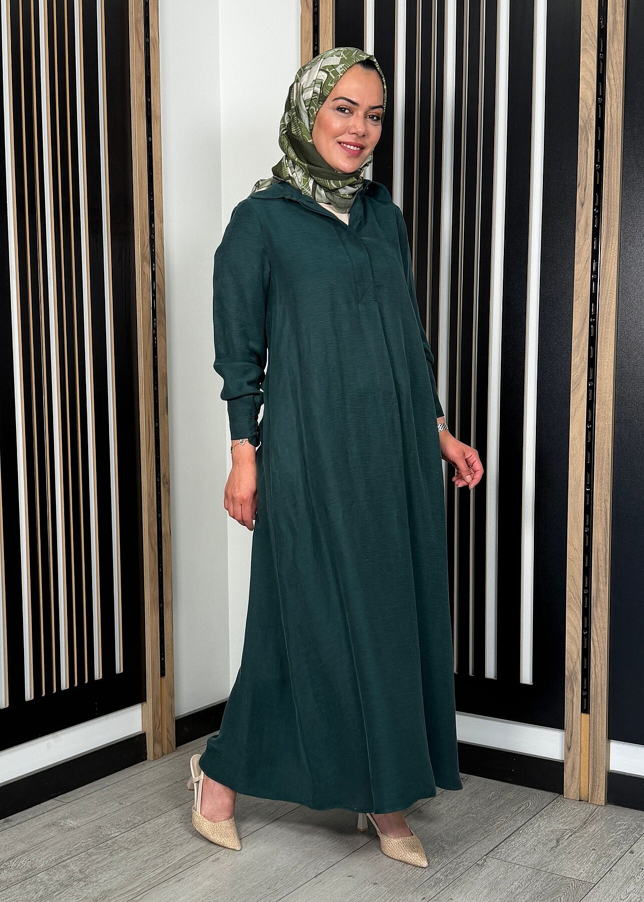 Miss Dalida Gömlek Yaka İpek Keten Uzun Elbise KHAKİ - 3