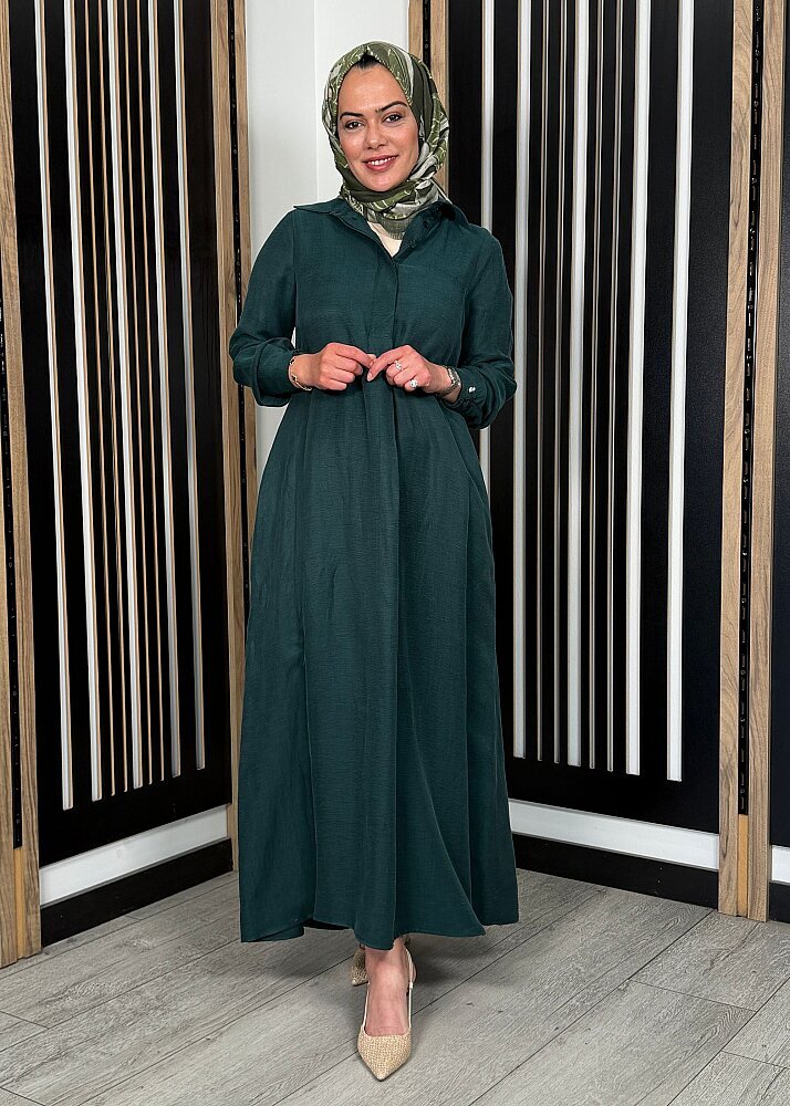 Miss Dalida Gömlek Yaka İpek Keten Uzun Elbise KHAKİ - 4