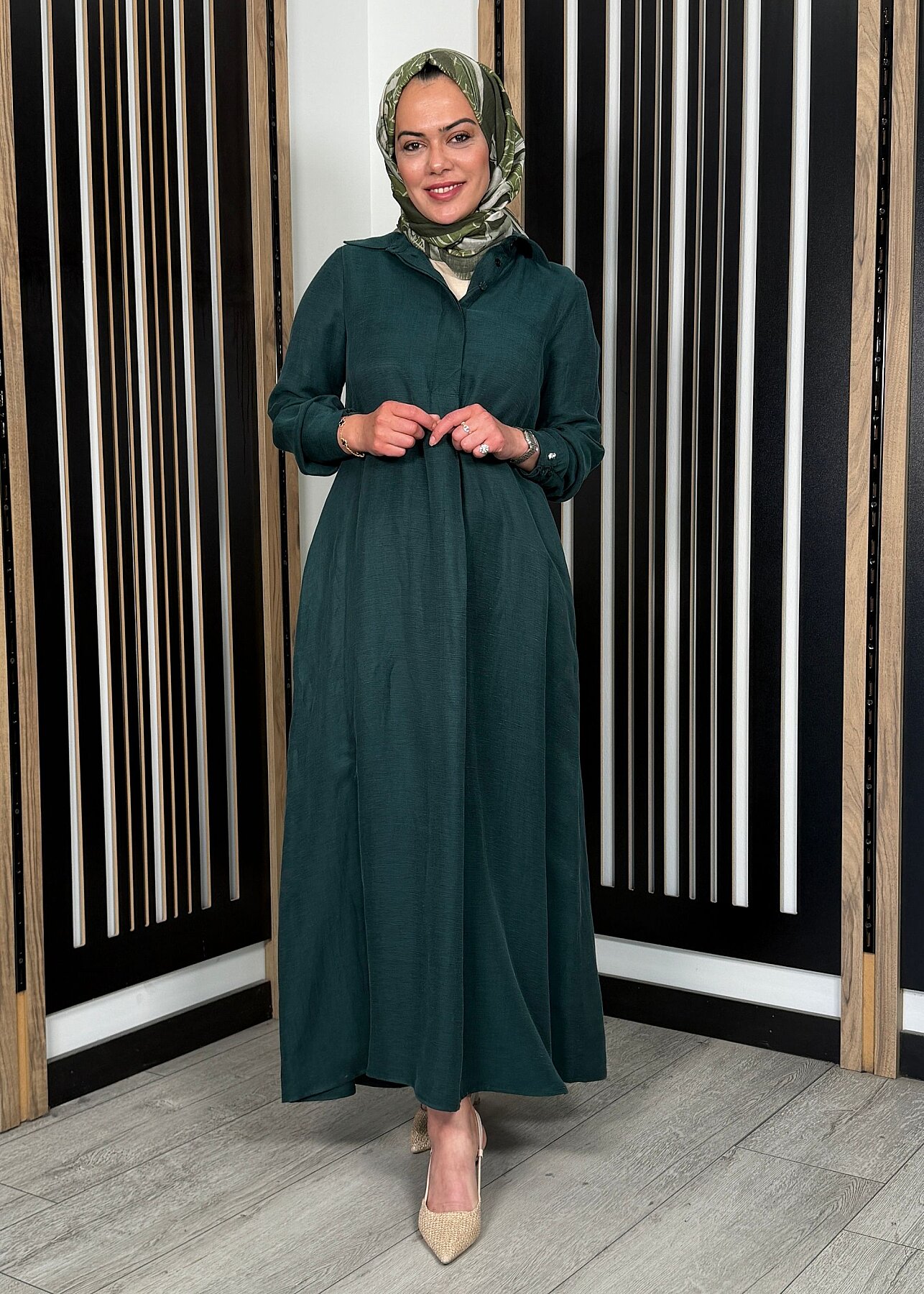 Miss Dalida Gömlek Yaka İpek Keten Uzun Elbise KHAKİ - 4
