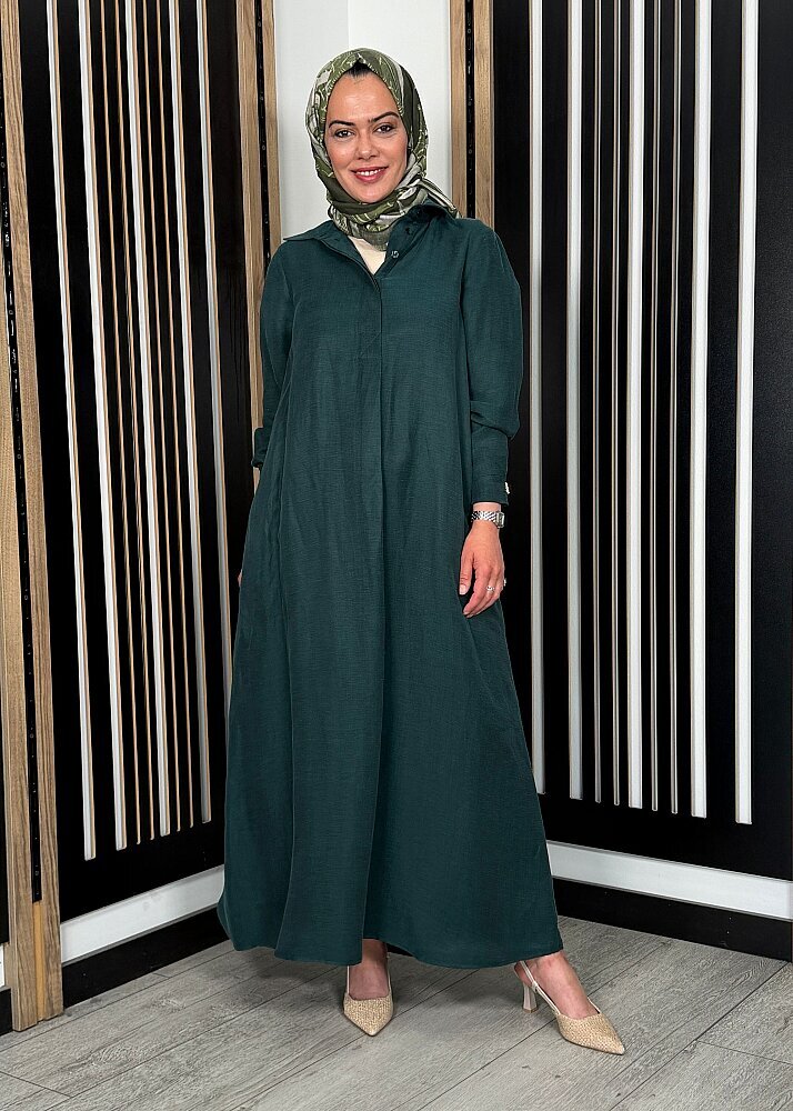 Miss Dalida Gömlek Yaka İpek Keten Uzun Elbise KHAKİ - 5