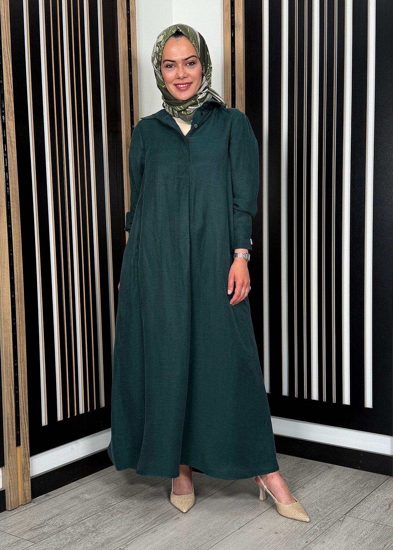 Miss Dalida Gömlek Yaka İpek Keten Uzun Elbise KHAKİ - 5