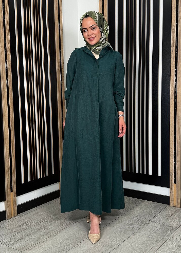 Miss Dalida Gömlek Yaka İpek Keten Uzun Elbise KHAKİ - 6