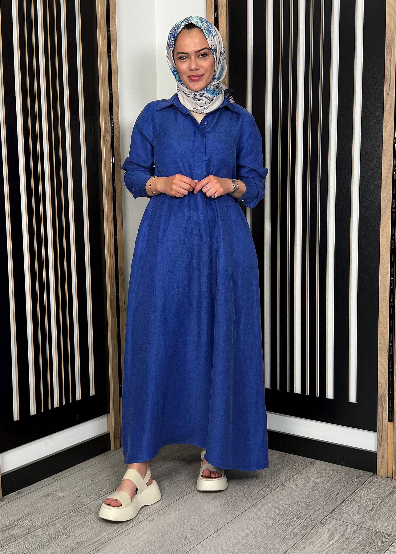 Miss Dalida Gömlek Yaka İpek Keten Uzun Elbise Navy - 2