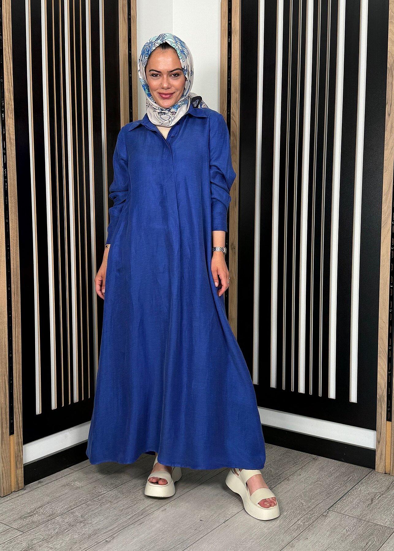Miss Dalida Gömlek Yaka İpek Keten Uzun Elbise Navy - 3