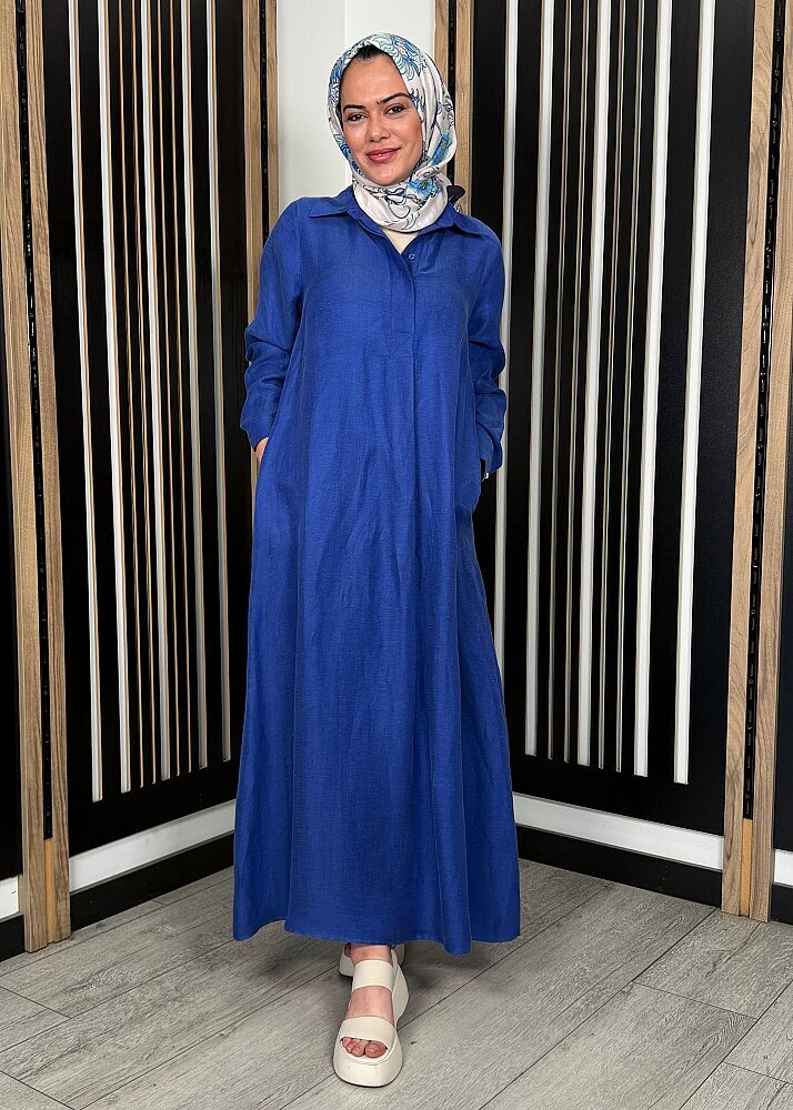 Miss Dalida Gömlek Yaka İpek Keten Uzun Elbise Navy - 4