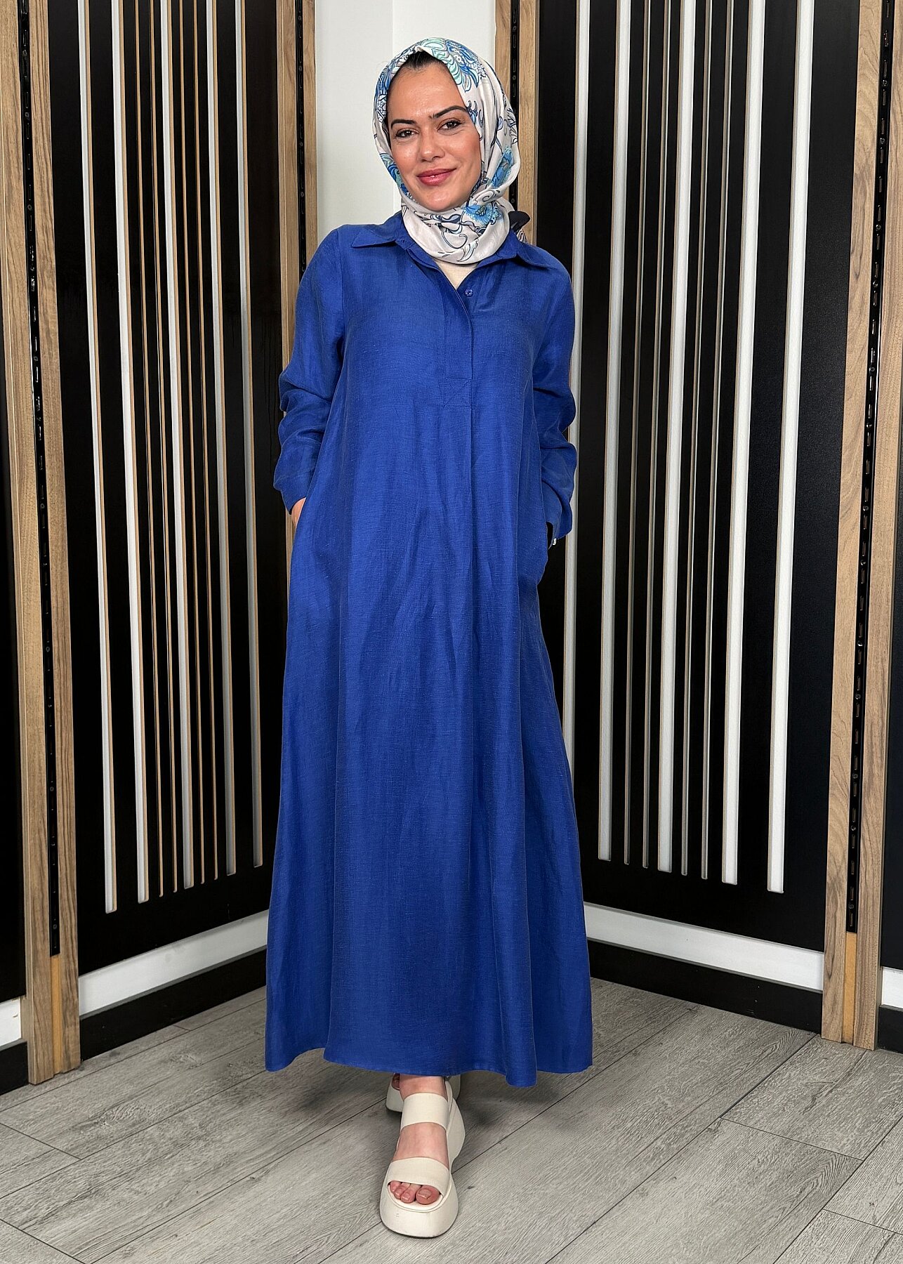 Miss Dalida Gömlek Yaka İpek Keten Uzun Elbise Navy - 4