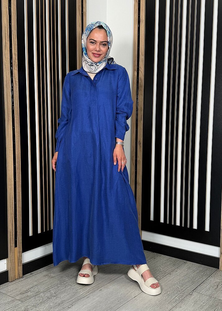Miss Dalida Gömlek Yaka İpek Keten Uzun Elbise Navy - 6