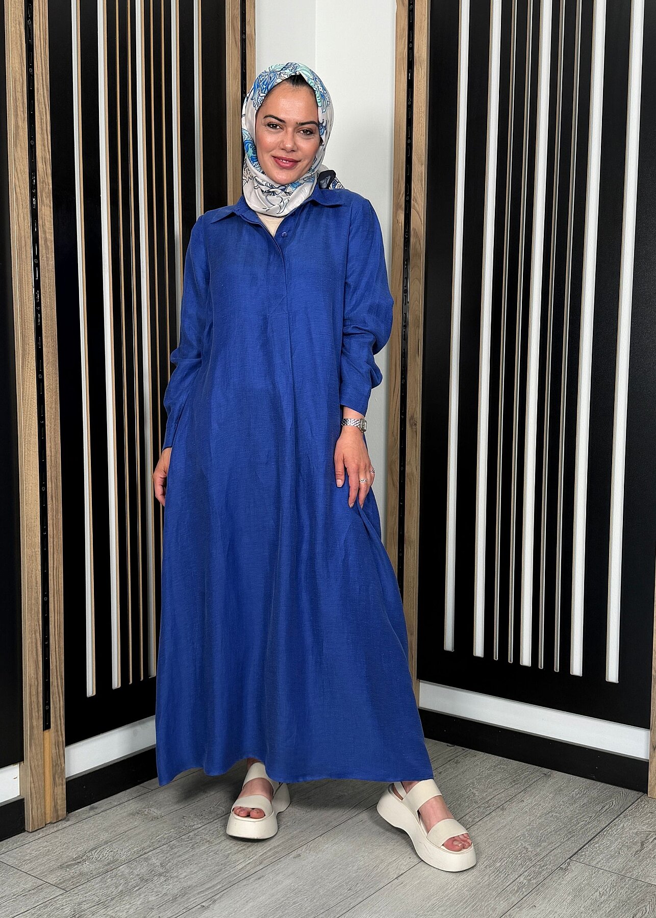 Miss Dalida Gömlek Yaka İpek Keten Uzun Elbise Navy - 6