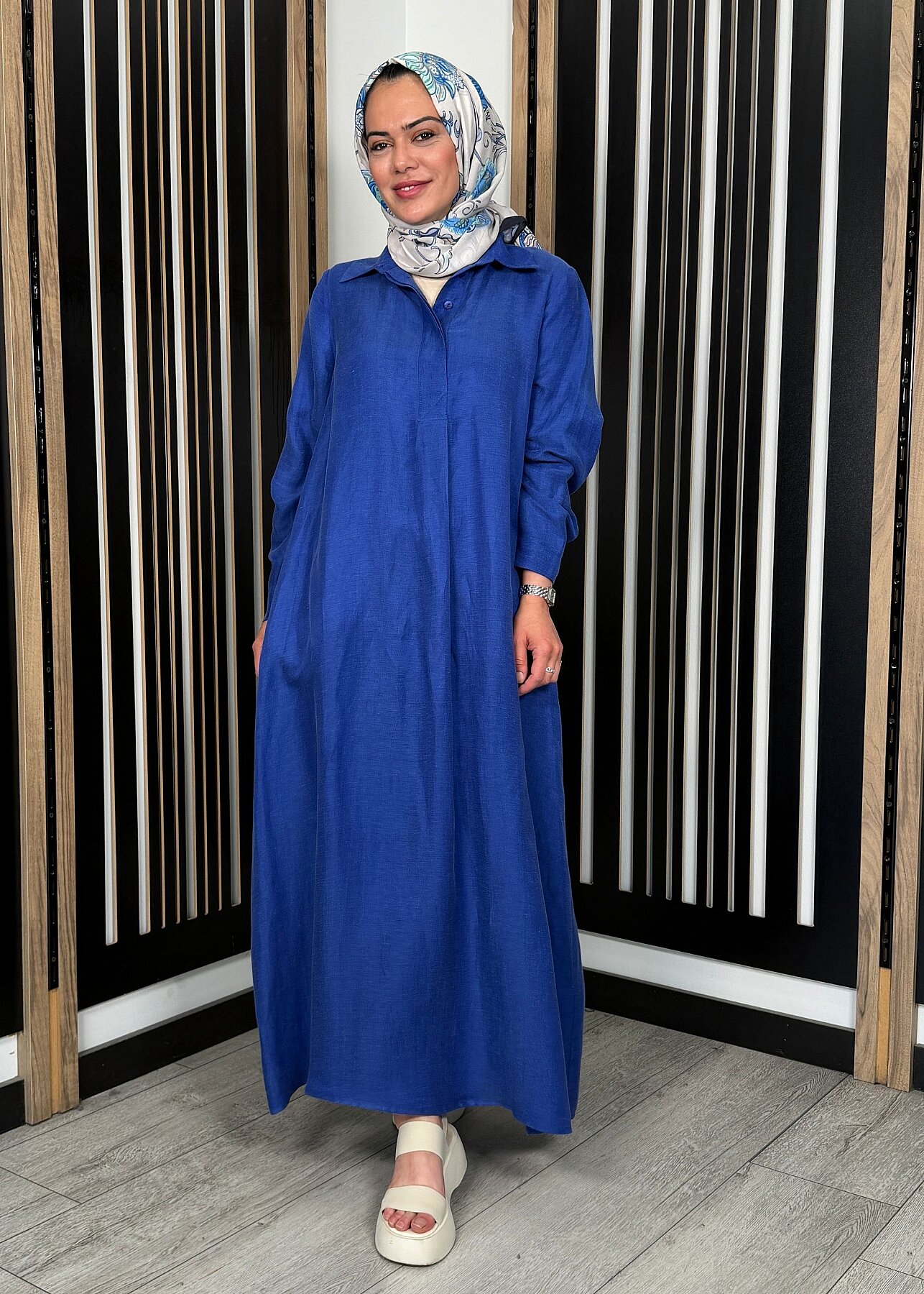 Miss Dalida Gömlek Yaka İpek Keten Uzun Elbise Navy - 1