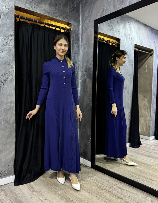 Miss Dalida Gömlek Yaka Triko Elbise Navy Blue - 2