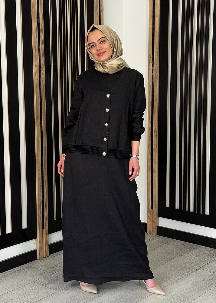 Miss Dalida Güneş Düğmeli Elbise Ceket Keten Takım BLACK 