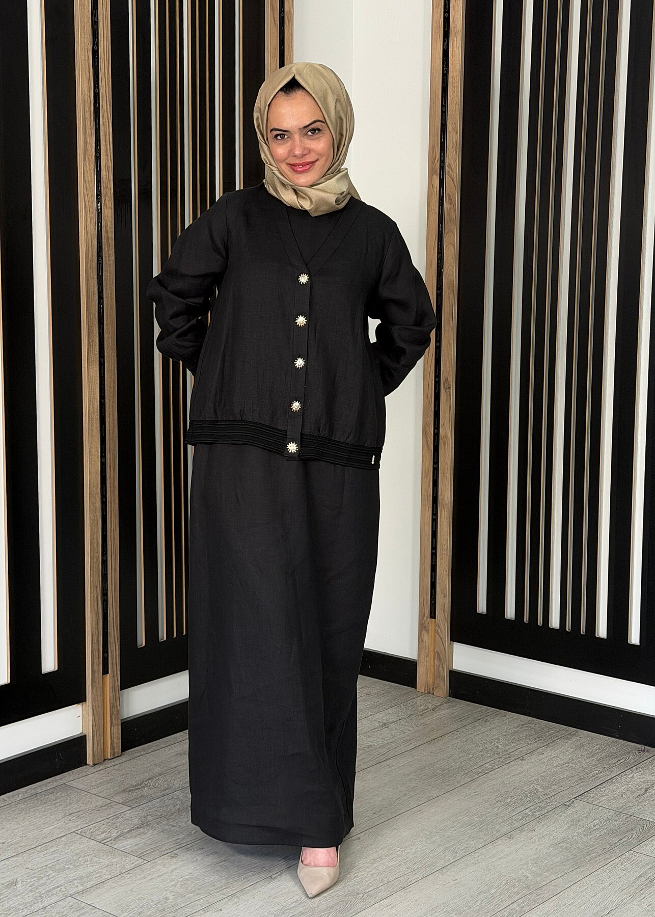 Miss Dalida Güneş Düğmeli Elbise Ceket Keten Takım BLACK - 2